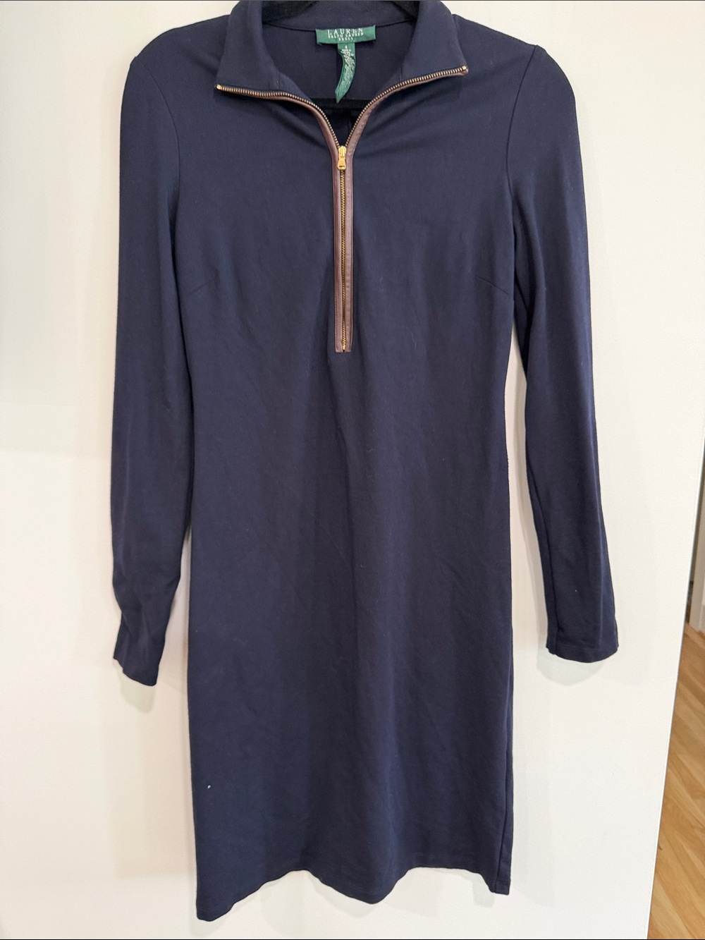 Ralph Lauren Navy Long-Sleeve Half-Zip Knit Dress with Gold Zipper